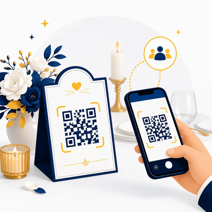 هاتف يمسح رمز QR موضوعا على طاولة المناسبة لفتح رابط لقطة
